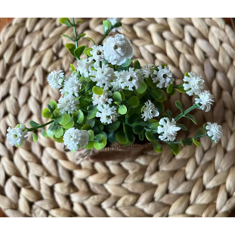 Handmade Macrame Plant Hanger with Artificial Baby’s Breath in Burlap Bag 16”